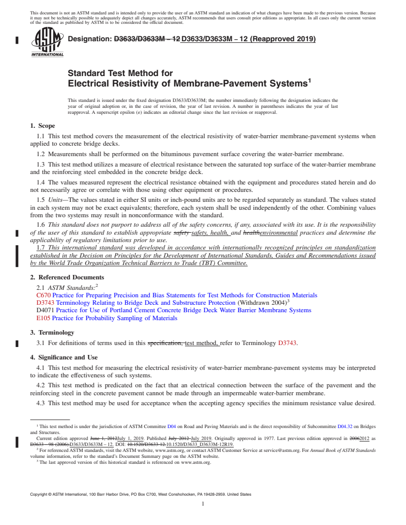 REDLINE ASTM D3633/D3633M-12(2019) - Standard Test Method for Electrical Resistivity of Membrane-Pavement Systems