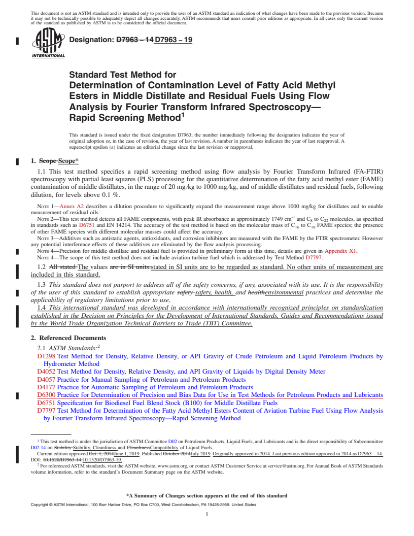 REDLINE ASTM D7963-19 - Standard Test Method for Determination of Contamination Level of Fatty Acid Methyl Esters  in Middle Distillate and Residual Fuels Using Flow Analysis by Fourier  Transform Infrared Spectroscopy&#x2014;Rapid Screening Method