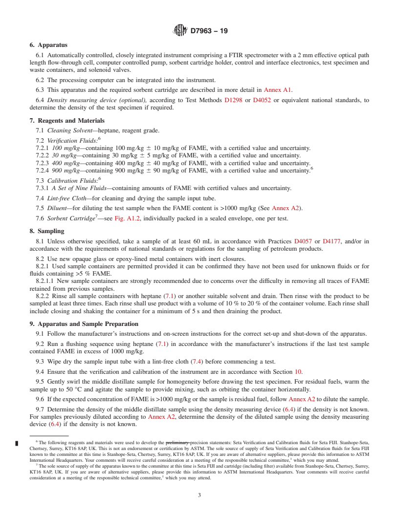 REDLINE ASTM D7963-19 - Standard Test Method for Determination of Contamination Level of Fatty Acid Methyl Esters  in Middle Distillate and Residual Fuels Using Flow Analysis by Fourier  Transform Infrared Spectroscopy&#x2014;Rapid Screening Method