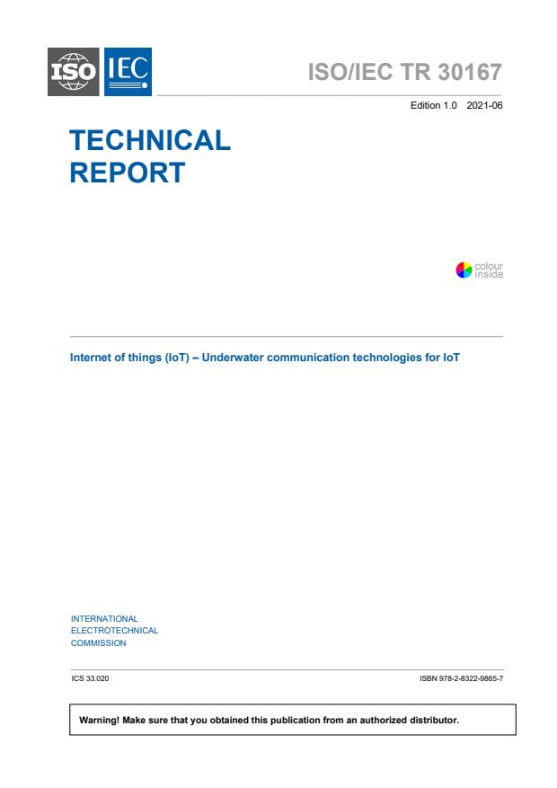 ISO/IEC TR 30167:2021 - Internet of Things (IoT) - Underwater communication technologies for IoT
