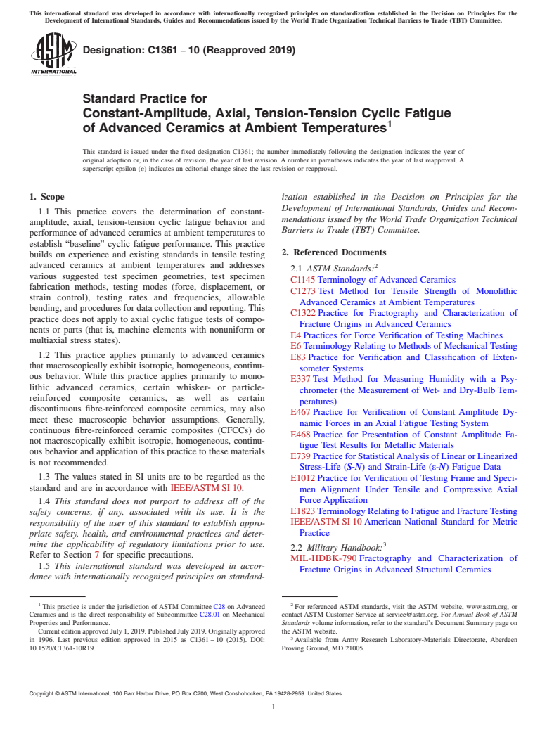 ASTM C1361-10(2019) - Standard Practice for Constant-Amplitude, Axial, Tension-Tension Cyclic Fatigue of  Advanced Ceramics at Ambient Temperatures