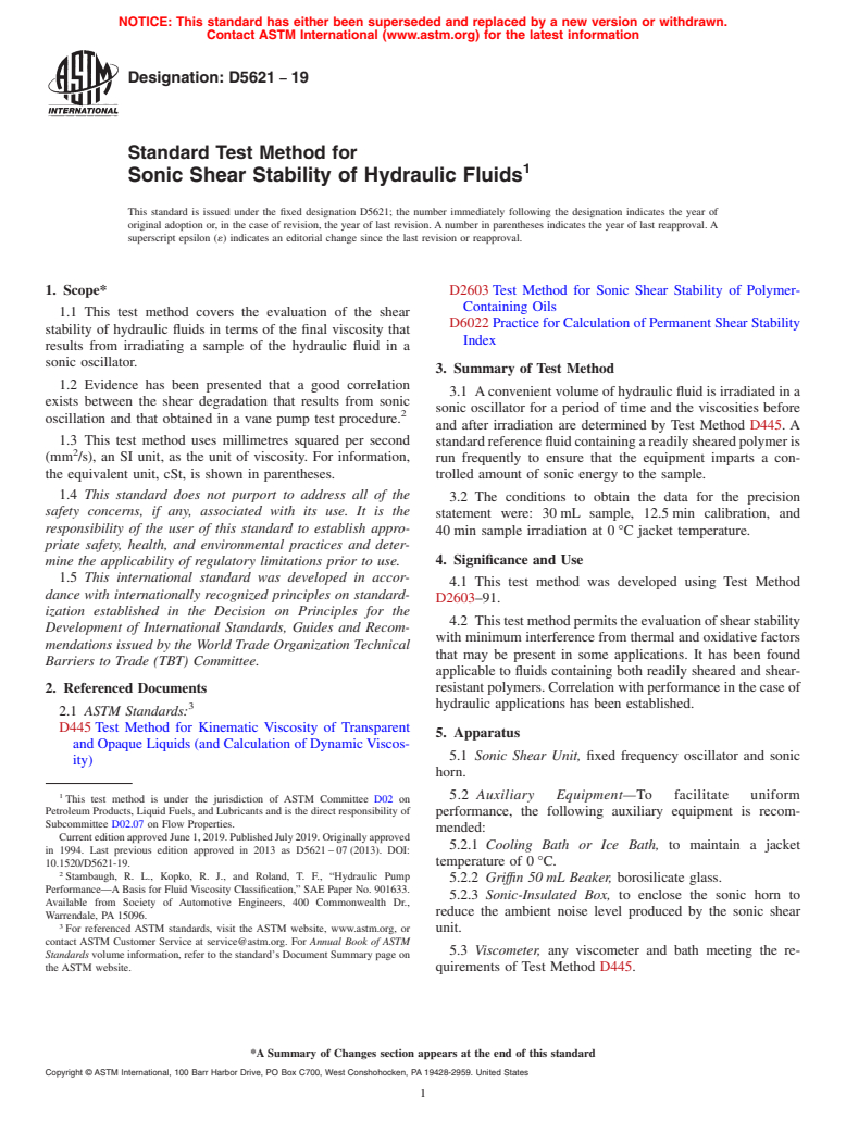ASTM D5621-19 - Standard Test Method for  Sonic Shear Stability of Hydraulic Fluids