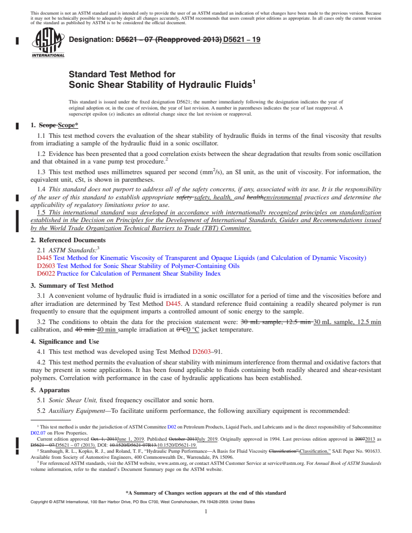 REDLINE ASTM D5621-19 - Standard Test Method for  Sonic Shear Stability of Hydraulic Fluids