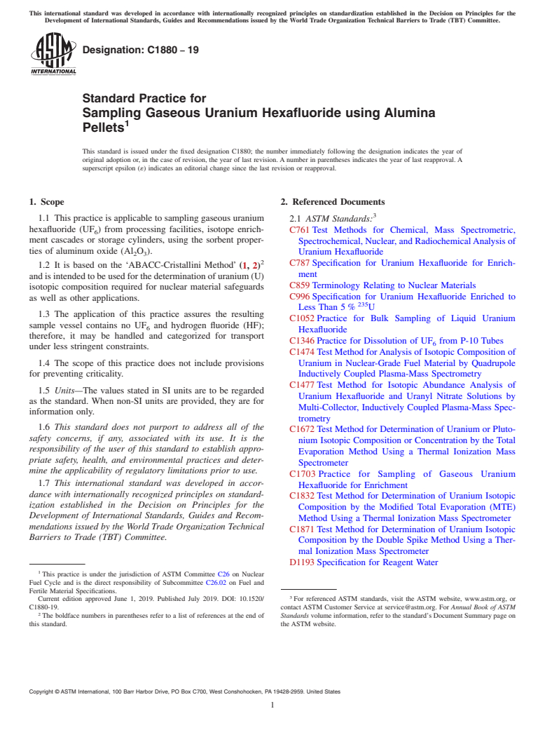 ASTM C1880-19 - Standard Practice for  Sampling Gaseous Uranium Hexafluoride using Alumina Pellets