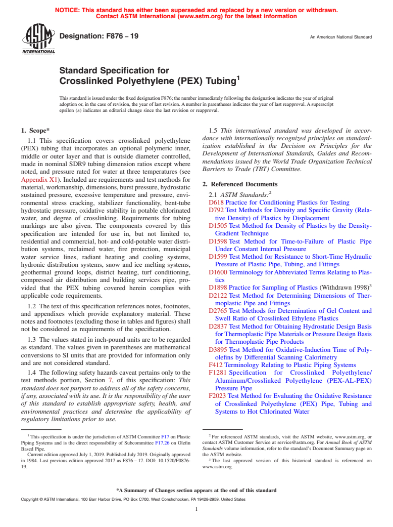 ASTM F876-19 - Standard Specification for  Crosslinked Polyethylene (PEX) Tubing