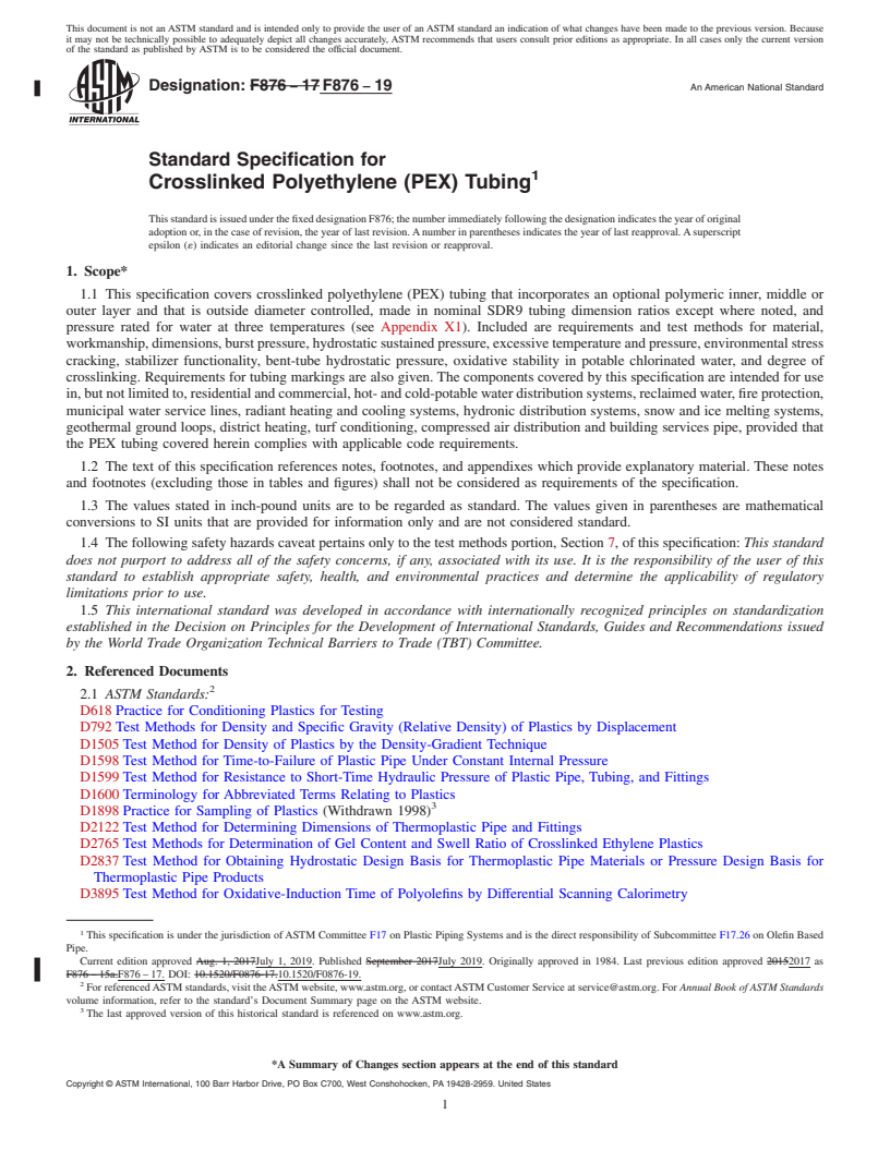 REDLINE ASTM F876-19 - Standard Specification for  Crosslinked Polyethylene (PEX) Tubing