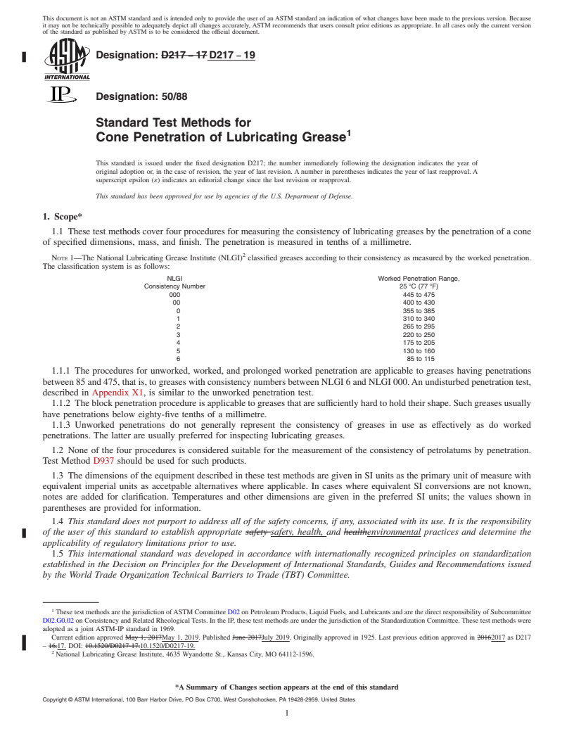 REDLINE ASTM D217-19 - Standard Test Methods for  Cone Penetration of Lubricating Grease