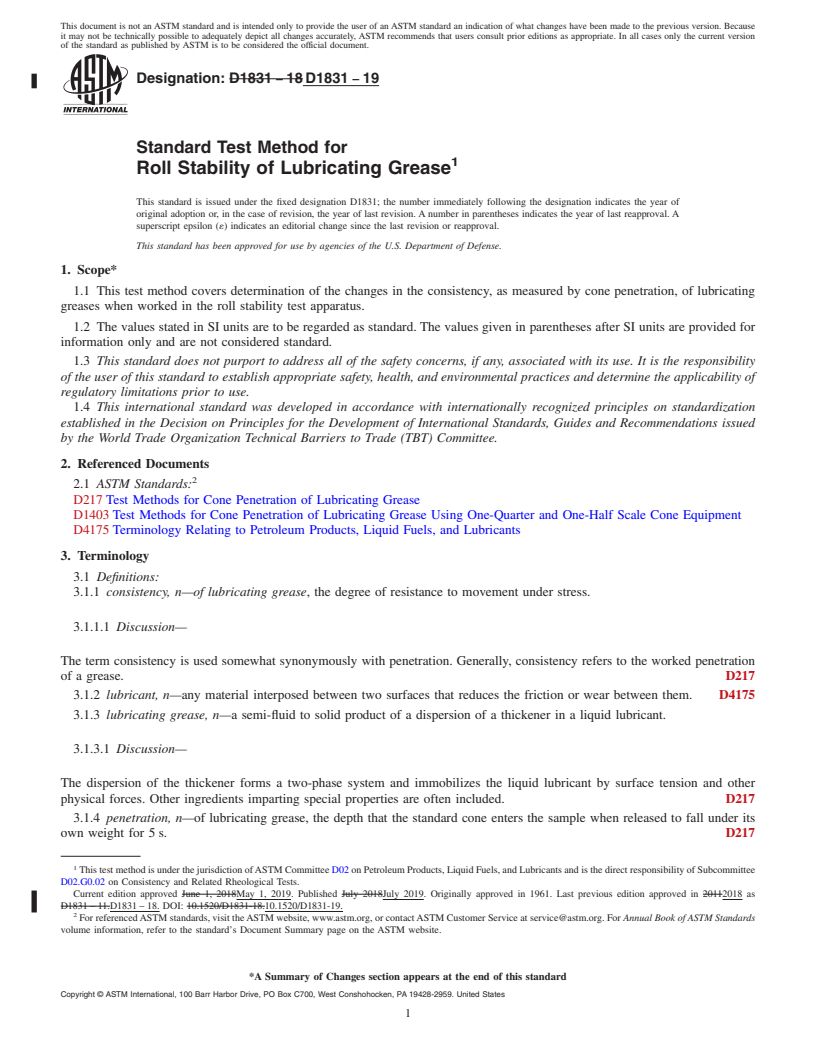 REDLINE ASTM D1831-19 - Standard Test Method for  Roll Stability of Lubricating Grease