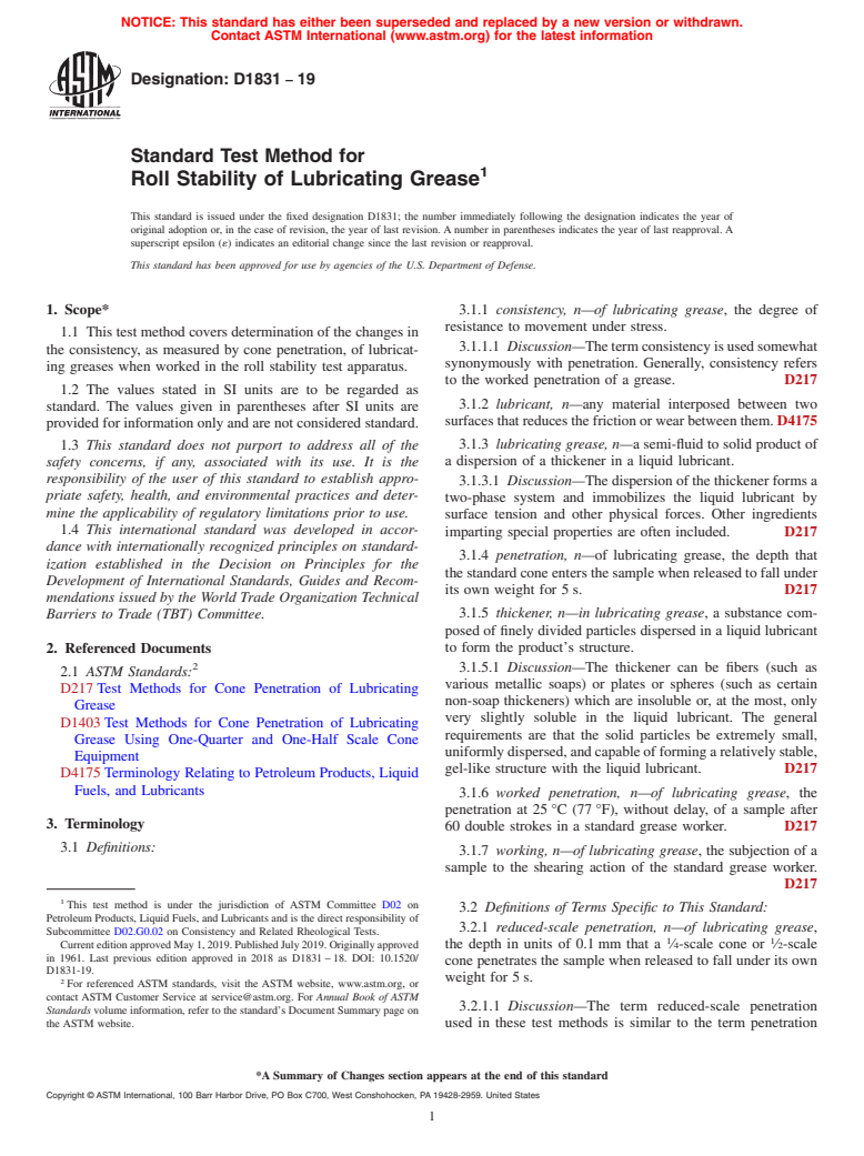 ASTM D1831-19 - Standard Test Method for  Roll Stability of Lubricating Grease