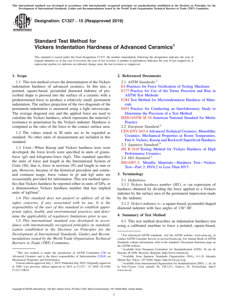 ASTM C1327-15(2019) - Standard Test Method for Vickers Indentation Hardness of Advanced Ceramics