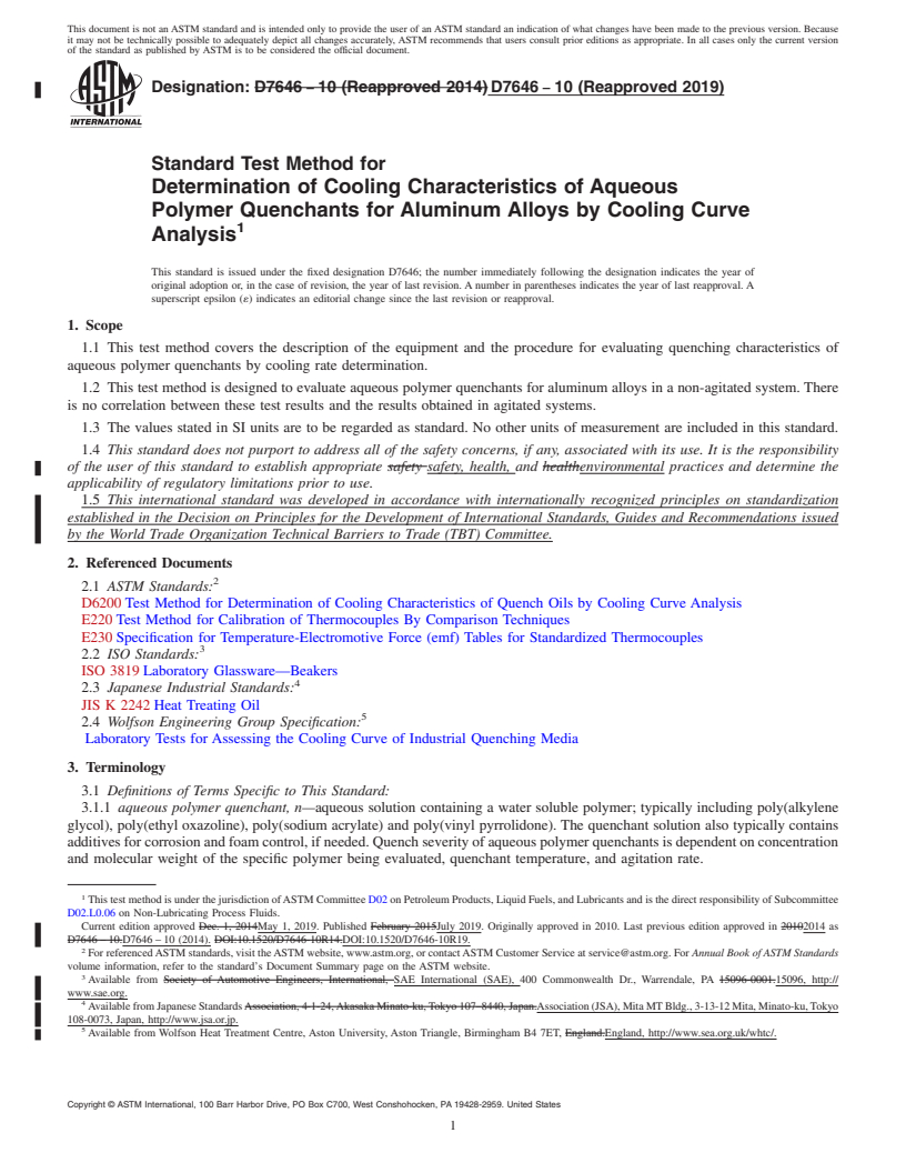 REDLINE ASTM D7646-10(2019) - Standard Test Method for  Determination of Cooling Characteristics of Aqueous Polymer   Quenchants for Aluminum Alloys by Cooling Curve Analysis