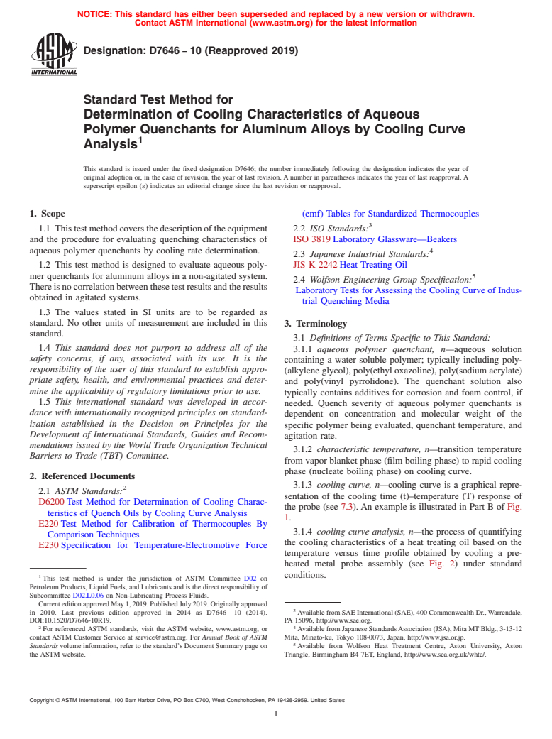 ASTM D7646-10(2019) - Standard Test Method for  Determination of Cooling Characteristics of Aqueous Polymer   Quenchants for Aluminum Alloys by Cooling Curve Analysis