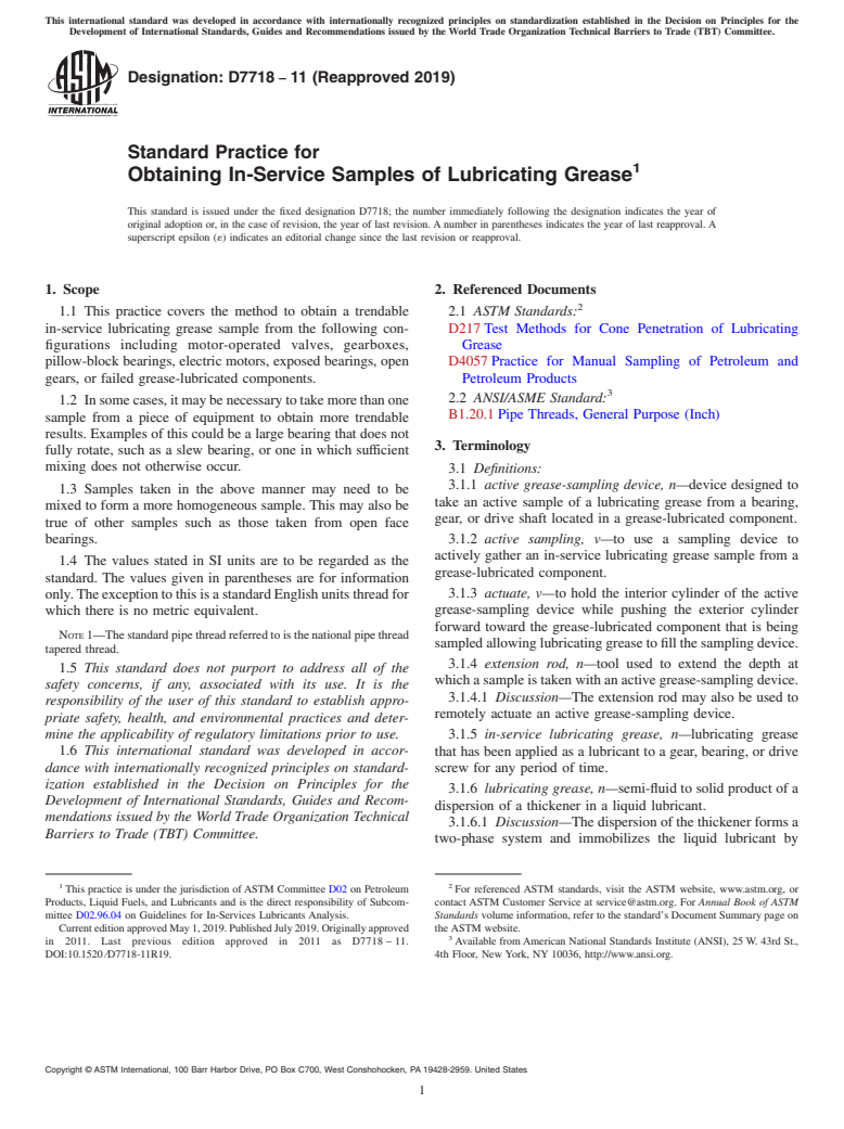 ASTM D7718-11(2019) - Standard Practice for  Obtaining In-Service Samples of Lubricating Grease