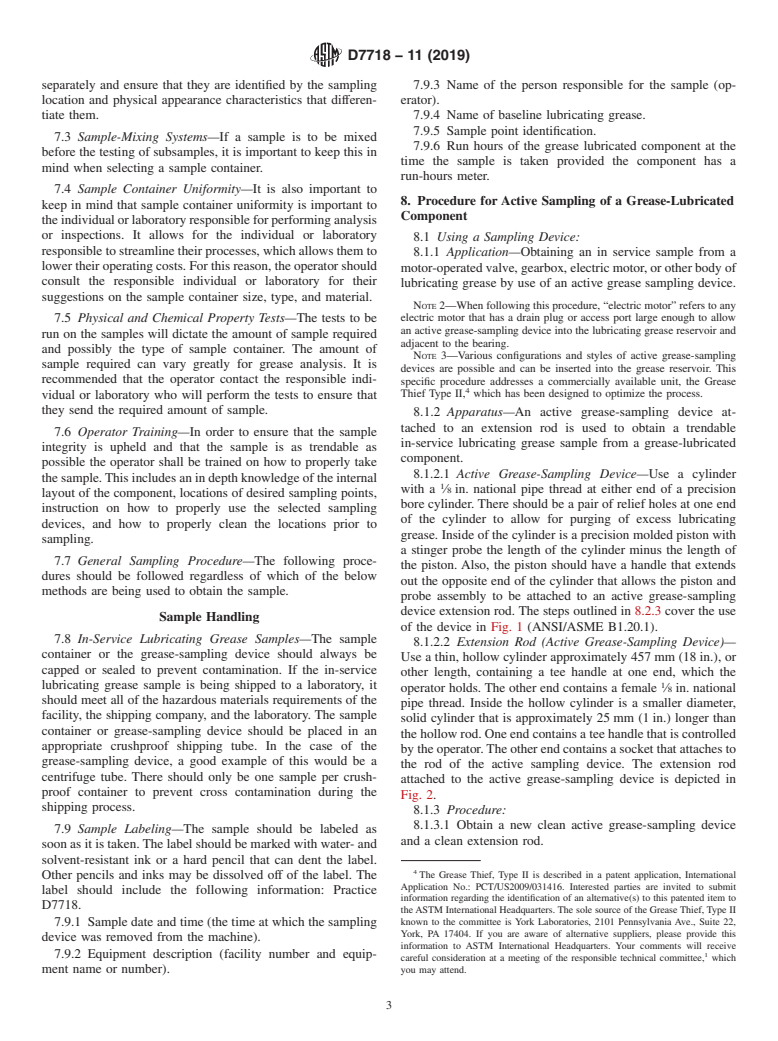 ASTM D7718-11(2019) - Standard Practice for  Obtaining In-Service Samples of Lubricating Grease