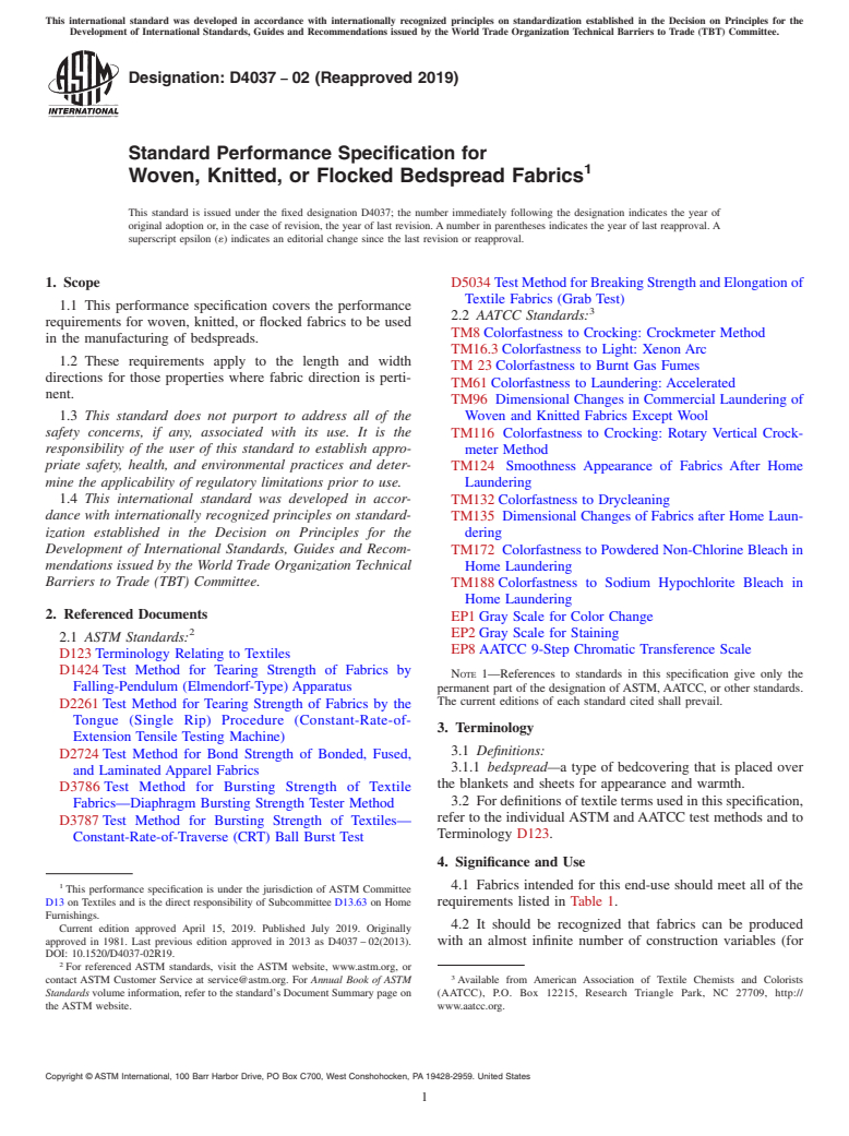 ASTM D4037-02(2019) - Standard Performance Specification for  Woven, Knitted, or Flocked Bedspread Fabrics