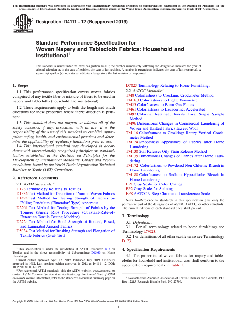 ASTM D4111-12(2019) - Standard Performance Specification for  Woven Napery and Tablecloth Fabrics: Household and Institutional