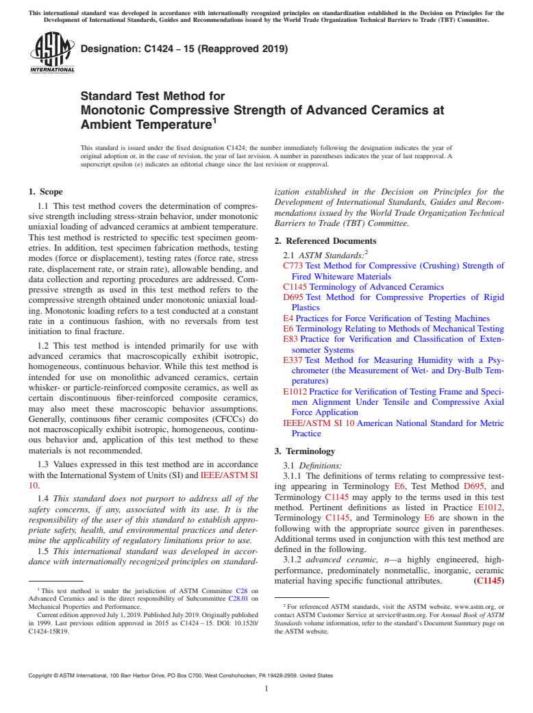 ASTM C1424-15(2019) - Standard Test Method for Monotonic Compressive Strength of Advanced Ceramics at Ambient   Temperature