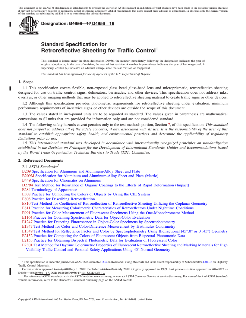 REDLINE ASTM D4956-19 - Standard Specification for  Retroreflective Sheeting for Traffic Control
