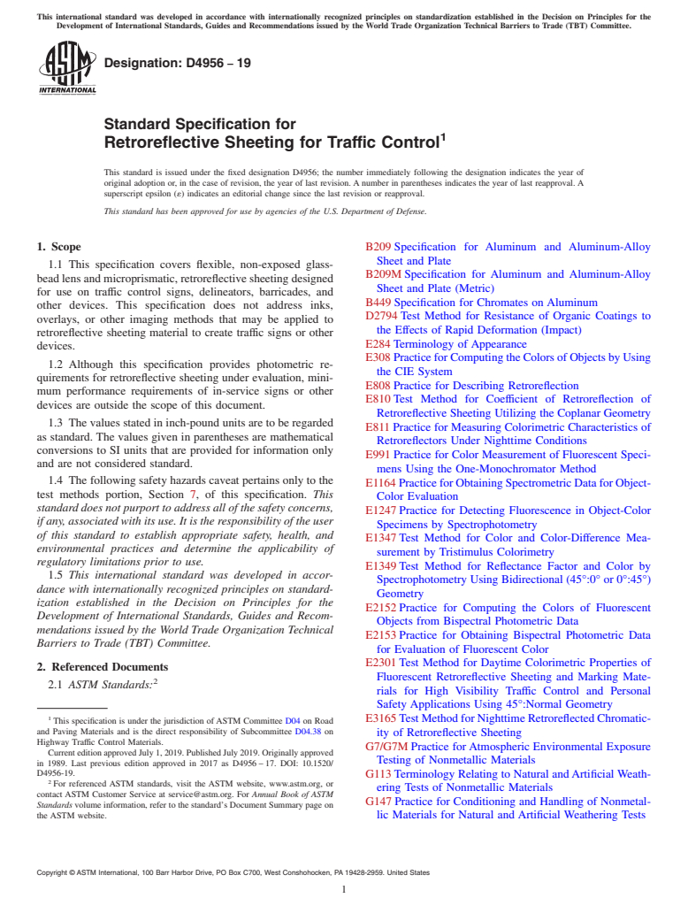 ASTM D4956-19 - Standard Specification for  Retroreflective Sheeting for Traffic Control