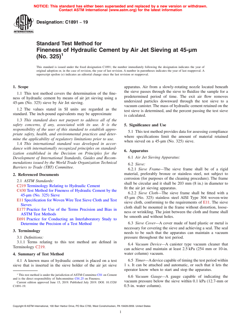 ASTM C1891-19 - Standard Test Method for  Fineness of Hydraulic Cement by Air Jet Sieving at 45-&#xb5;m  (No. 325)