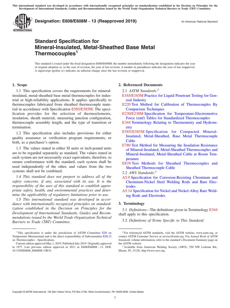 ASTM E608/E608M-13(2019) - Standard Specification for  Mineral-Insulated, Metal-Sheathed Base Metal Thermocouples