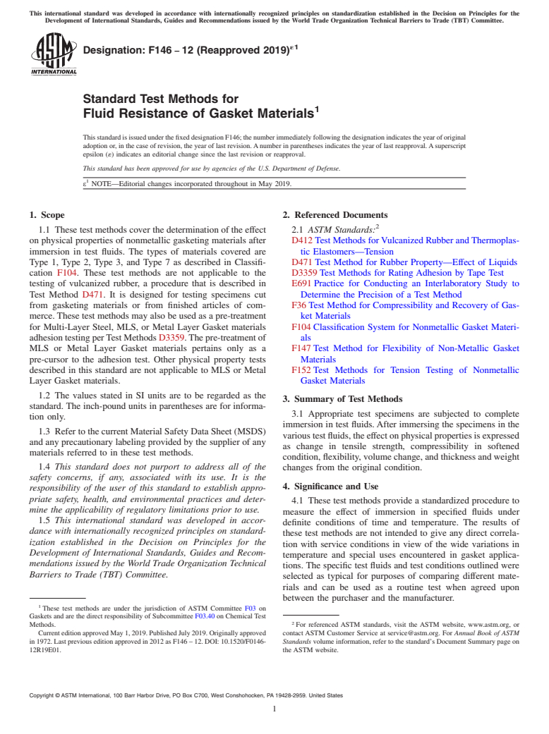 ASTM F146-12(2019)e1 - Standard Test Methods for  Fluid Resistance of Gasket Materials