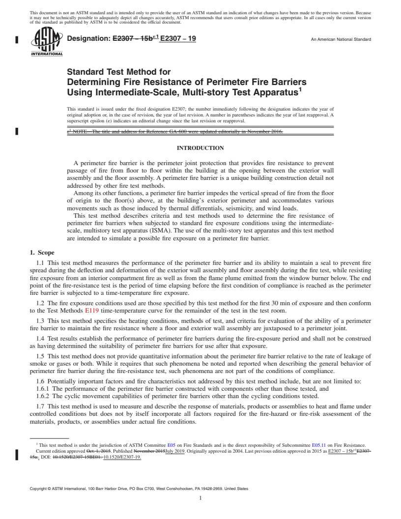 REDLINE ASTM E2307-19 - Standard Test Method for  Determining Fire Resistance of Perimeter Fire Barriers Using  Intermediate-Scale, Multi-story Test Apparatus