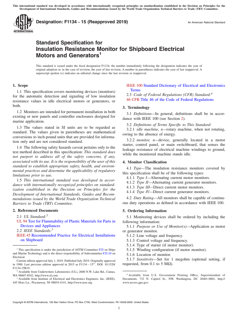 ASTM F1134-15(2019) - Standard Specification for  Insulation Resistance Monitor for Shipboard Electrical Motors  and Generators