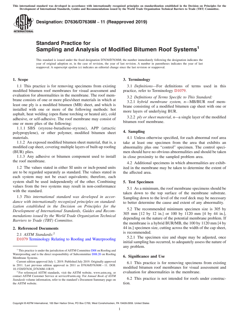 ASTM D7636/D7636M-11(2019) - Standard Practice for  Sampling and Analysis of Modified Bitumen Roof Systems