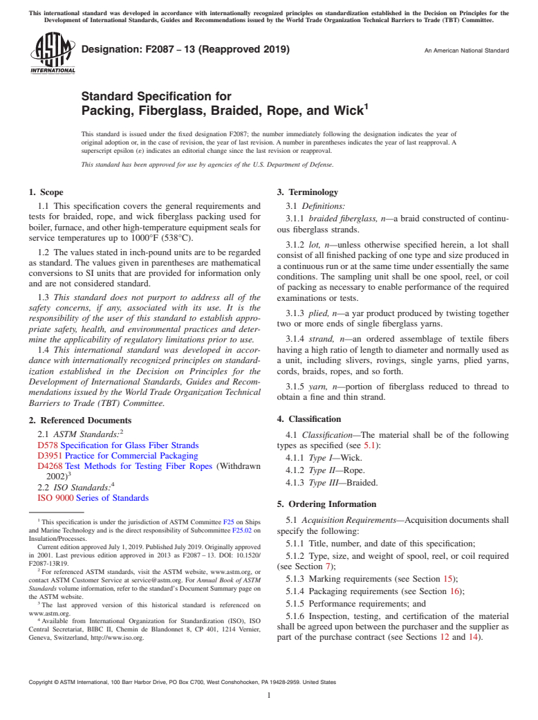 ASTM F2087-13(2019) - Standard Specification for  Packing, Fiberglass, Braided, Rope, and Wick