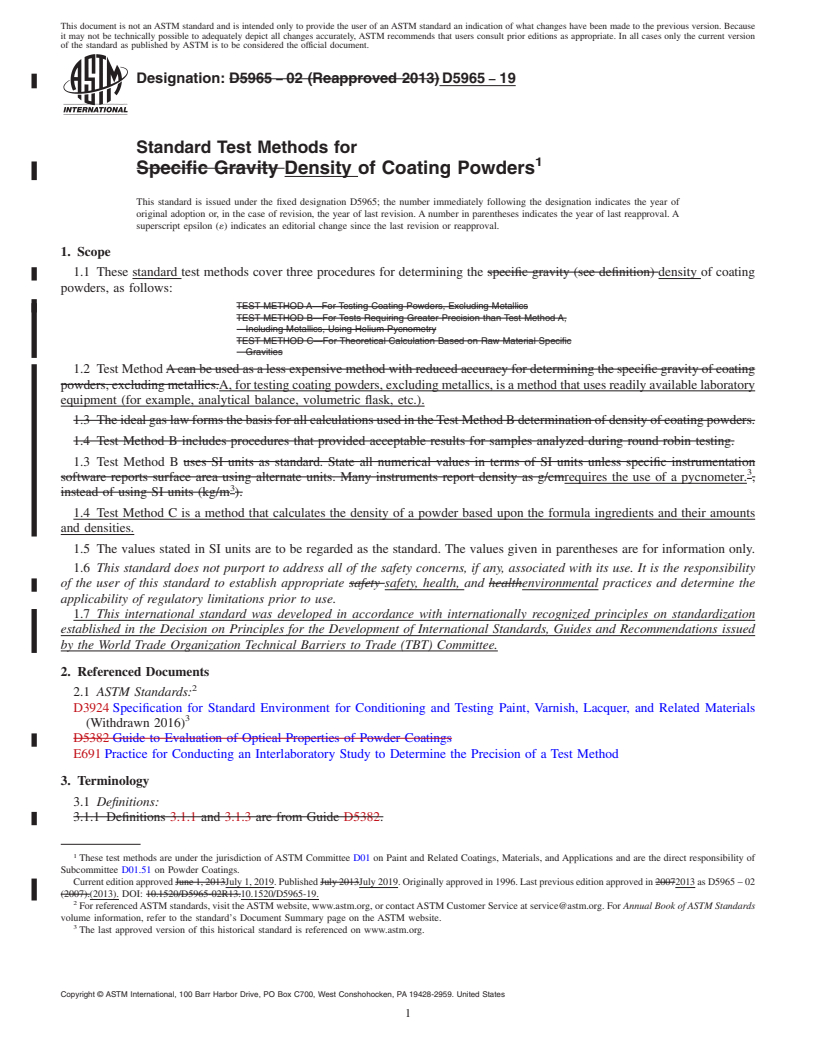 REDLINE ASTM D5965-19 - Standard Test Methods for Density of Coating Powders