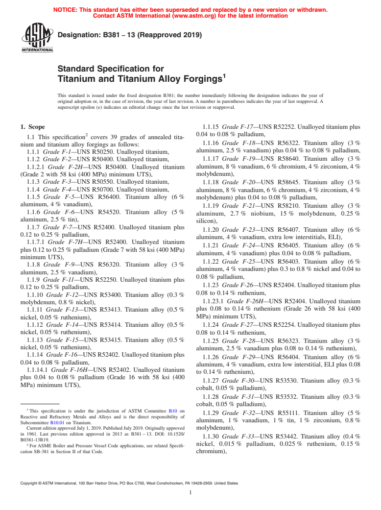 ASTM B381-13(2019) - Standard Specification for Titanium and Titanium Alloy Forgings