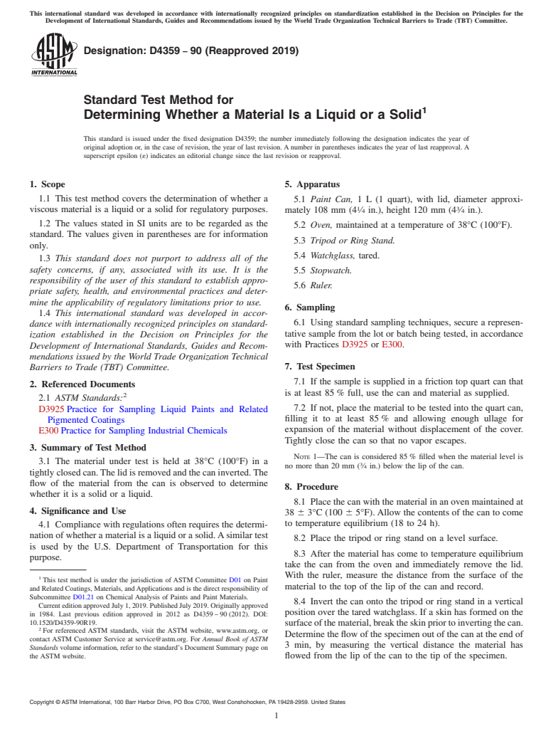 ASTM D4359-90(2019) - Standard Test Method for  Determining Whether a Material Is a Liquid or a Solid