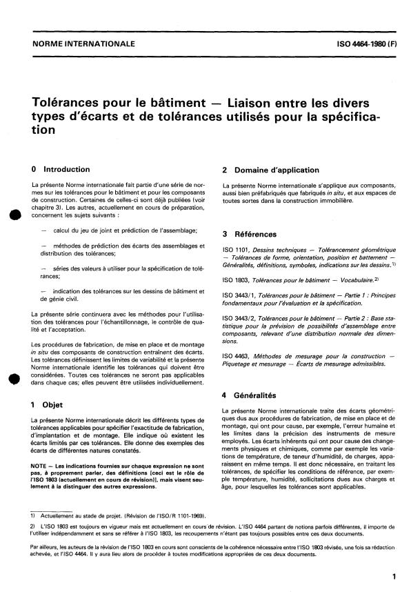 ISO 4464:1980 - Tolérances pour le bâtiment -- Liaison entre les divers types d'écarts et de tolérances utilisés pour la spécification