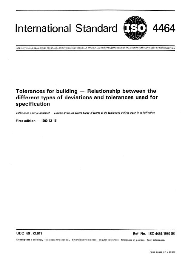 ISO 4464:1980 - Tolerances for building -- Relationship between the different types of deviations and tolerances used for specification