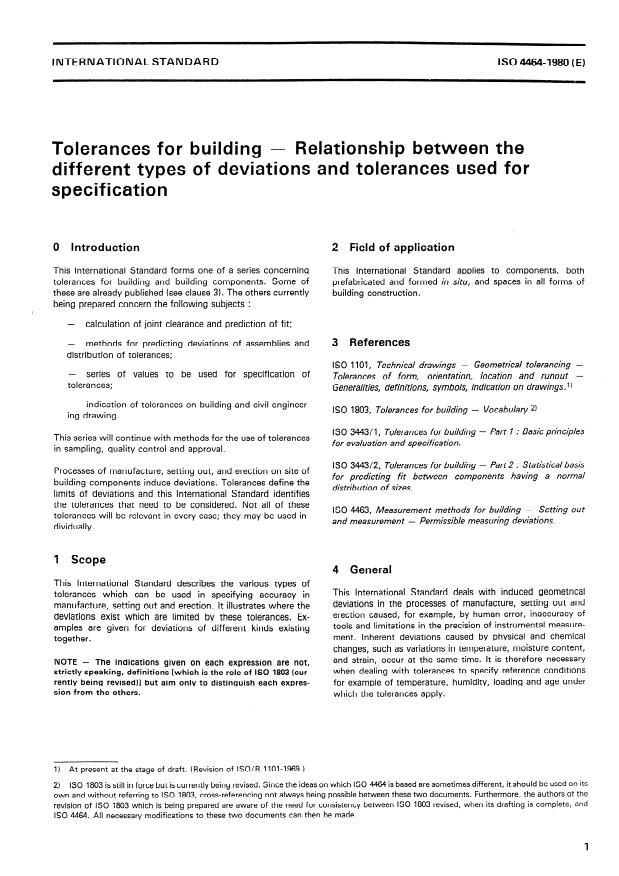 ISO 4464:1980 - Tolerances for building -- Relationship between the different types of deviations and tolerances used for specification