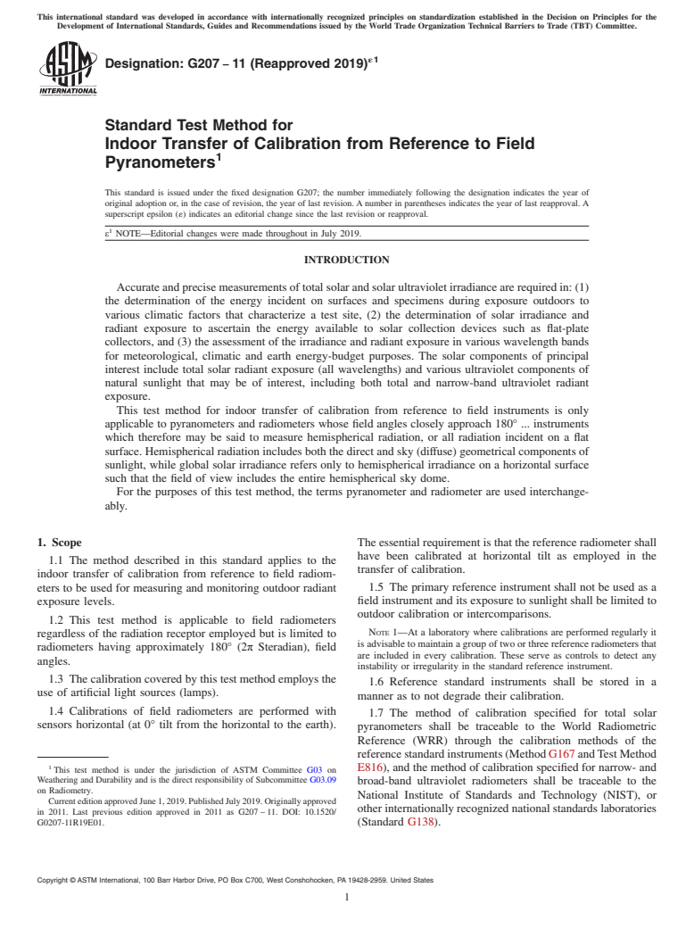 ASTM G207-11(2019)e1 - Standard Test Method for  Indoor Transfer of Calibration from Reference to Field Pyranometers