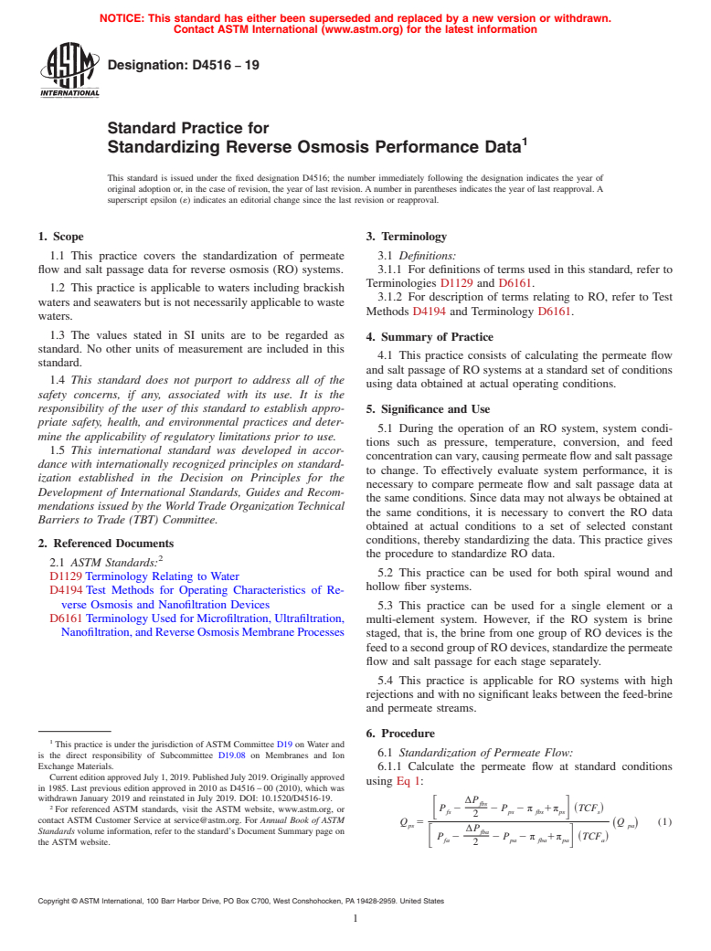 ASTM D4516-19 - Standard Practice for  Standardizing Reverse Osmosis Performance Data