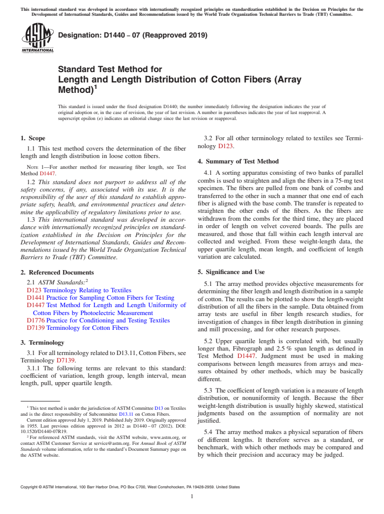 ASTM D1440-07(2019) - Standard Test Method for  Length and Length Distribution of Cotton Fibers (Array Method)