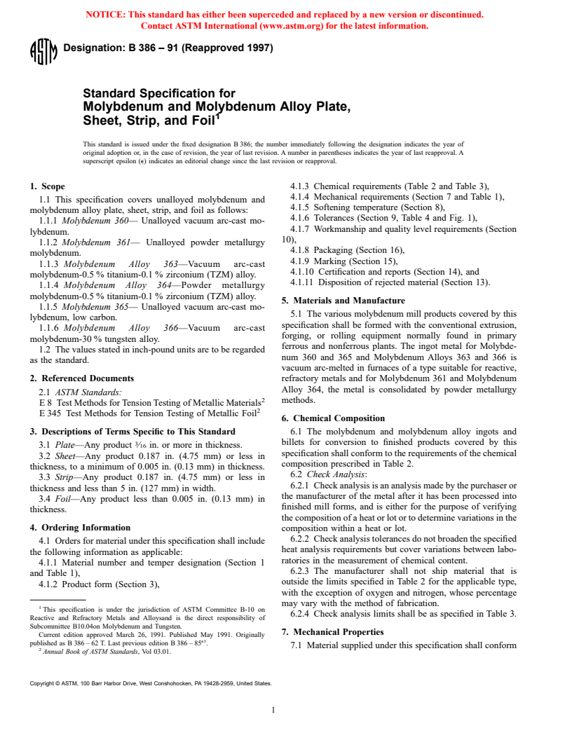 ASTM B386-91(1997) - Standard Specification for Molybdenum and Molybdenum Alloy Plate, Sheet, Strip, and Foil