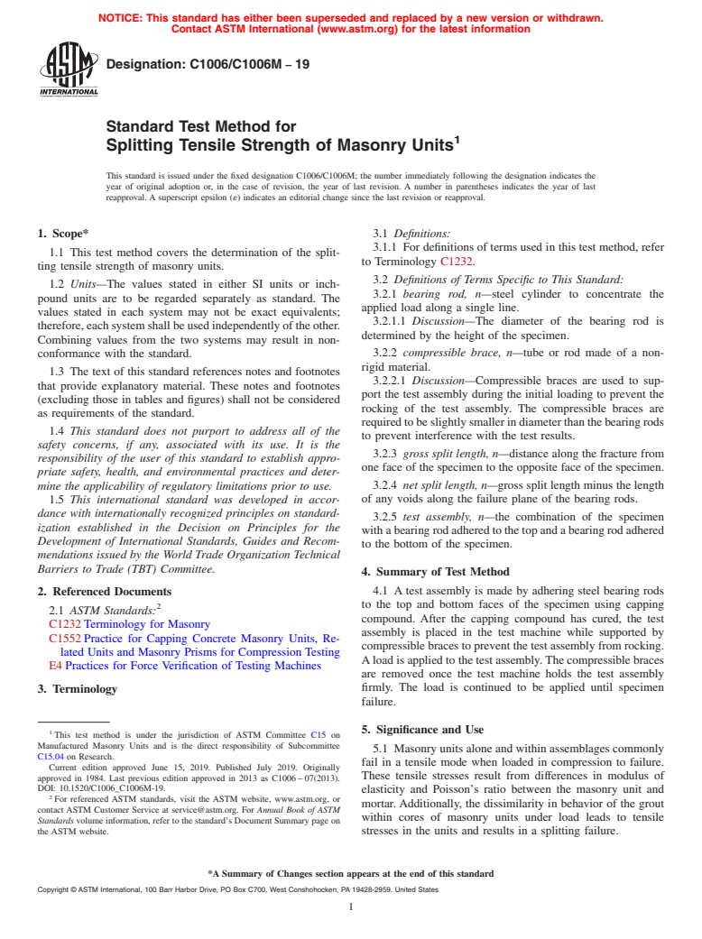 ASTM C1006/C1006M-19 - Standard Test Method for  Splitting Tensile Strength of Masonry Units