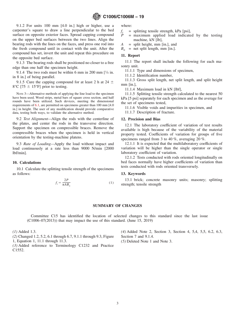 ASTM C1006/C1006M-19 - Standard Test Method for  Splitting Tensile Strength of Masonry Units