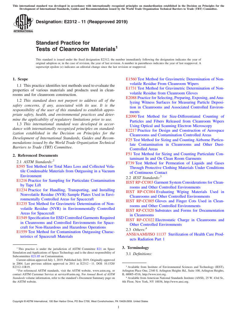 ASTM E2312-11(2019) - Standard Practice for  Tests of Cleanroom Materials