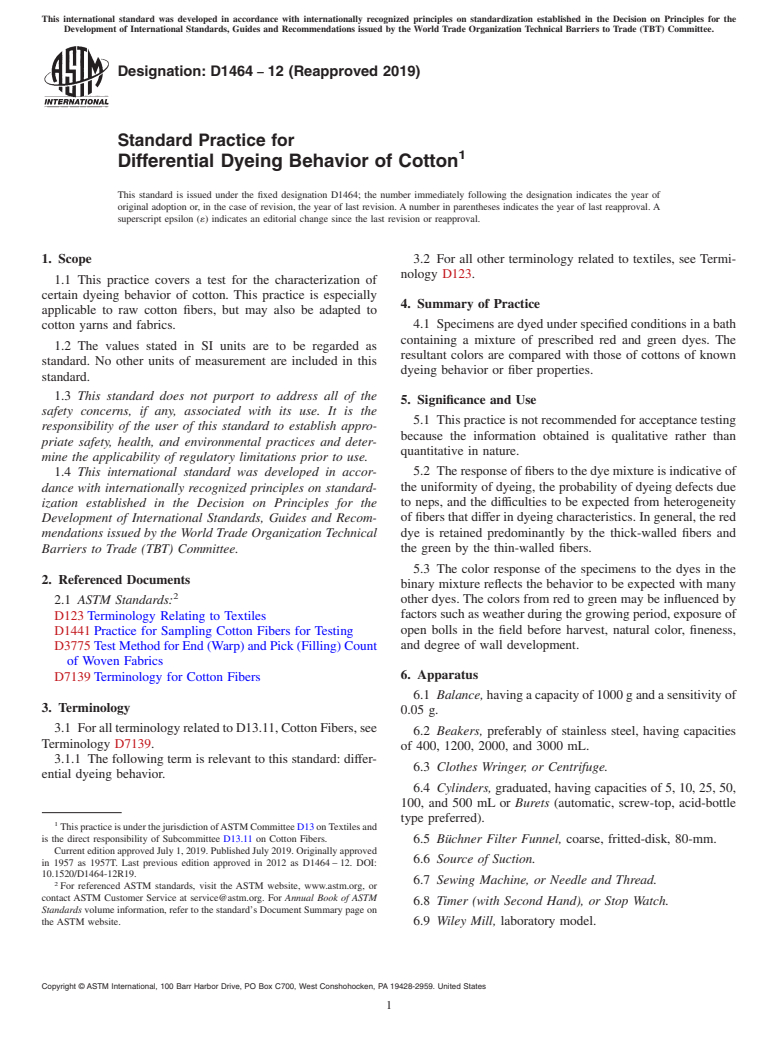 ASTM D1464-12(2019) - Standard Practice for  Differential Dyeing Behavior of Cotton