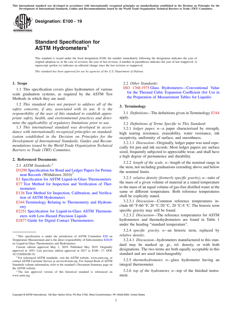 ASTM E100-19 - Standard Specification for  ASTM Hydrometers