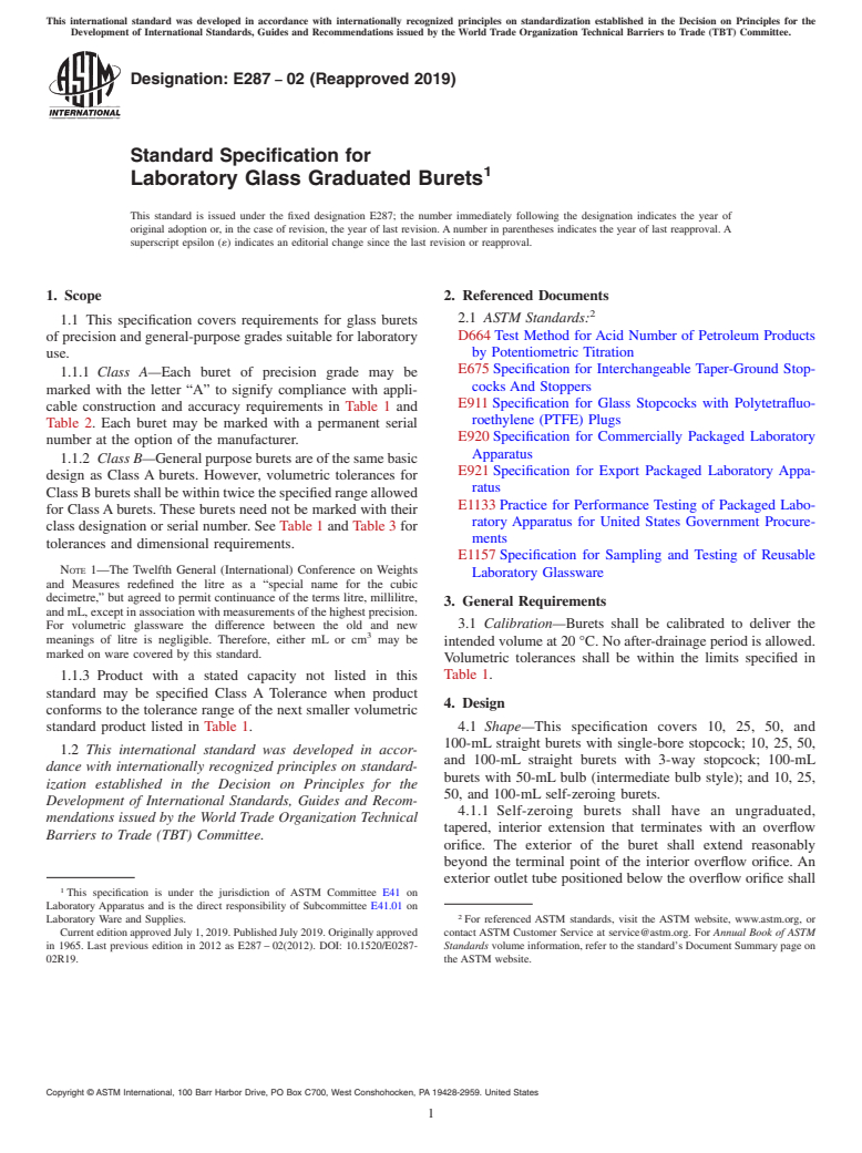 ASTM E287-02(2019) - Standard Specification for  Laboratory Glass Graduated Burets