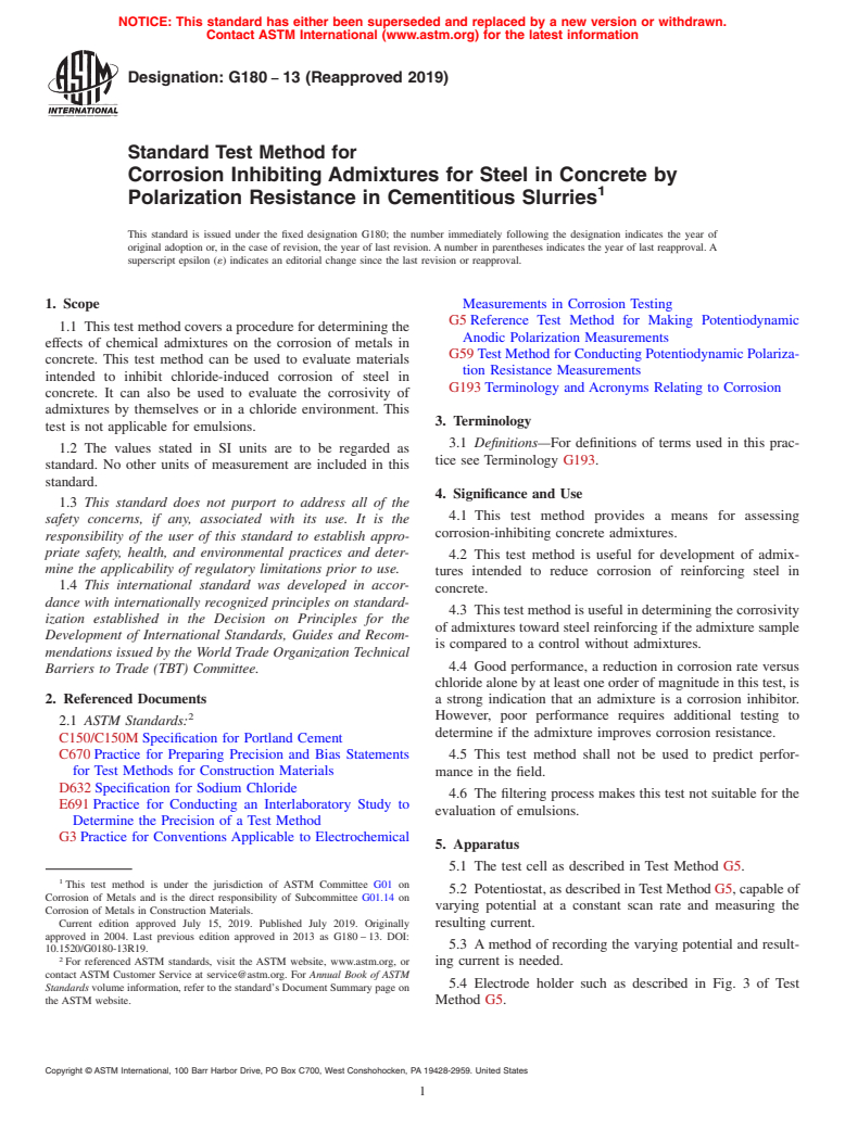 ASTM G180-13(2019) - Standard Test Method for  Corrosion Inhibiting Admixtures for Steel in Concrete by Polarization  Resistance in Cementitious Slurries