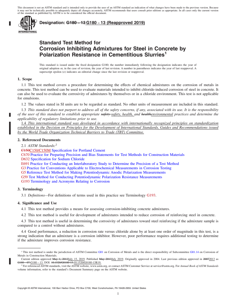 REDLINE ASTM G180-13(2019) - Standard Test Method for  Corrosion Inhibiting Admixtures for Steel in Concrete by Polarization  Resistance in Cementitious Slurries