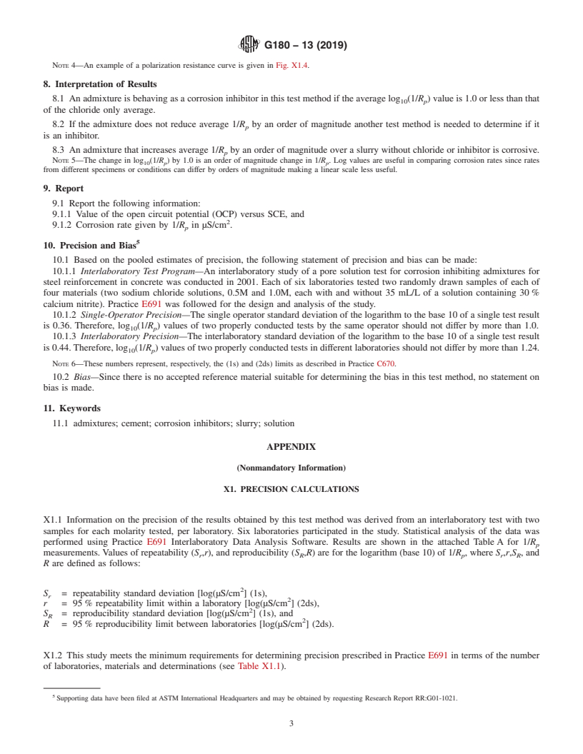 REDLINE ASTM G180-13(2019) - Standard Test Method for  Corrosion Inhibiting Admixtures for Steel in Concrete by Polarization  Resistance in Cementitious Slurries