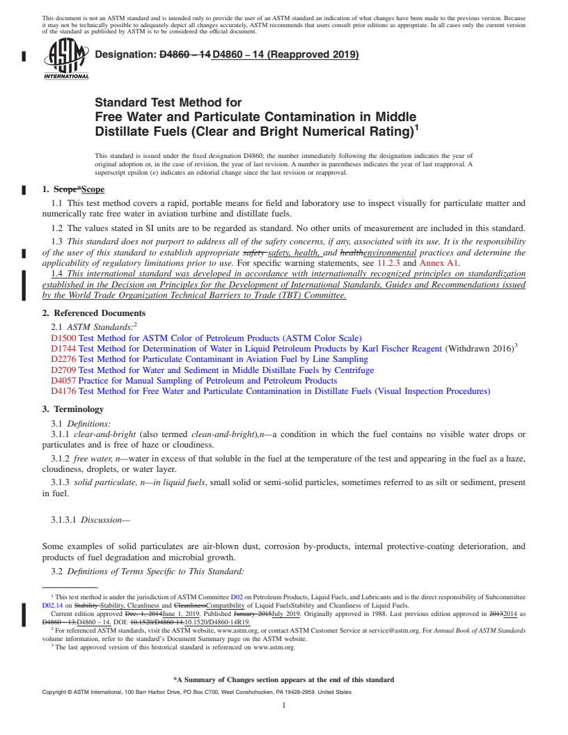 REDLINE ASTM D4860-14(2019) - Standard Test Method for  Free Water and Particulate Contamination in Middle Distillate   Fuels (Clear and Bright Numerical Rating)